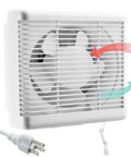 Front view of Window Shutter Exhaust Fan With Reversible Airflow 470 CFM 12 Inch Wall Mount Attic Fan with airflow arrows.