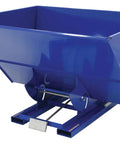 Solid Workhorse Steel Self Dumping Hopper For Forklift 3 Cubic Yard 2000 Lb Payload Capacity rear view with pull cord mechanism.