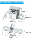 Smooth As Butter Stainless Steel Cabinet Latch Set With Double Roller Catch and Spear Strike Plate Including Mounting Screws For No Sweat Closet Hardware Upgrades, dimensions detailed.