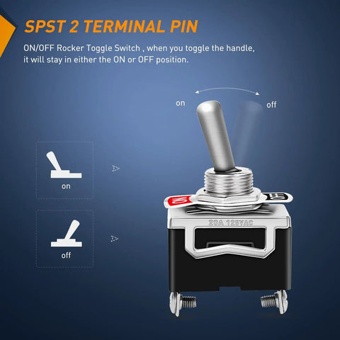 Heavy Duty Rocker Toggle Switch SPST 2 Pin On Off 15A 250V And 20A 125V Waterproof Metal Body With Boot Cap Cover diagram