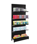 Beefy Four Pack Black Gondola Shelves 35 Inches Long By 11 Inches Wide For Rock Solid Retail Display Fixtures and Store Racks Featuring Built In Price Tag Tracks and Heavy Duty Supply Arms with organized products.