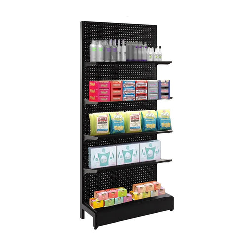 Beefy Four Pack Black Gondola Shelves 35 Inches Long By 11 Inches Wide For Rock Solid Retail Display Fixtures and Store Racks Featuring Built In Price Tag Tracks and Heavy Duty Supply Arms with organized products.