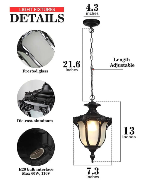 Rustic Victorian Outdoor Pendant Light E26 Waterproof Aluminum Hanging Lantern with black grape frame, adjustable suspension.