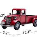 Iron Classic Red 12 Inch Pickup Truck Figurine For Home Decor, desktop display, iron material, vintage style, measurements shown.