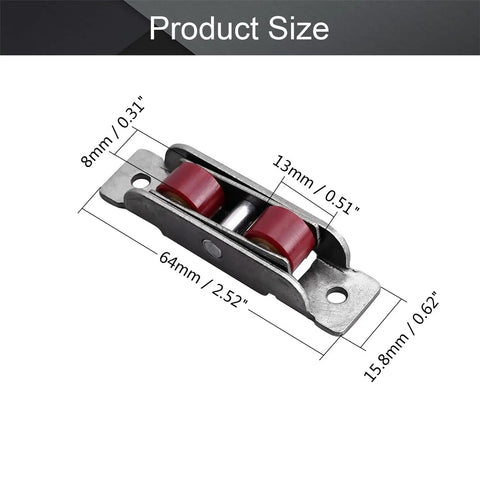 Slick Smooth Glide Double Wheel Pulley For Sliding Doors And Windows Featuring A Badass Stainless Steel Shell Silver Finish Heavy Duty Nylon Track Rollers 4 Pack size with dimensions displayed.