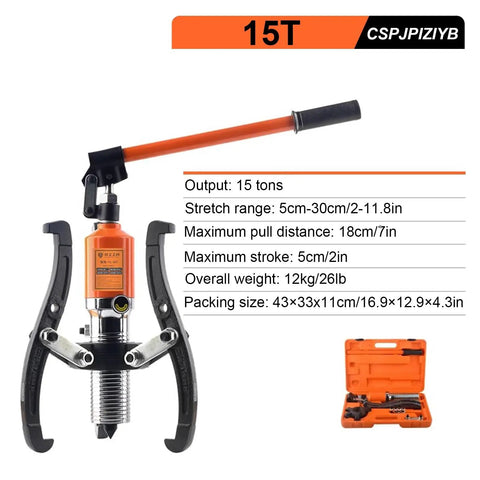 Heavy Duty Hydraulic Gear Puller And Bearing Extractor Tool with dual claws, 15-ton output, adjustable for easy wheel bearing swaps.
