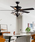 Crystal Ceiling Fan With Light And Remote Features Five Reversible Wood Blades To Deliver Buttery Smooth Airflow And Bring Major Chill To Every Home Space in modern dining area.