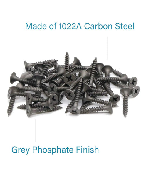 Stock Up On These 200 Count Heavy Hitter Size 6 Carbon Steel Drywall Screws For All Your DIY Hustles - 1022A steel screws with gray phosphate finish.