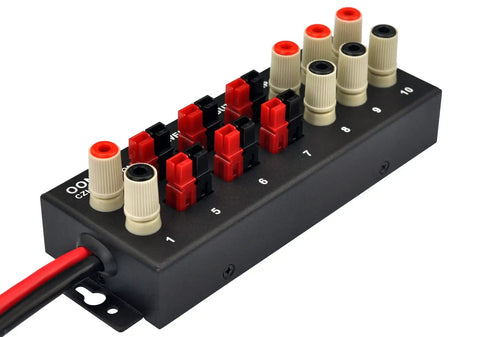 Beefed Up Banana Jack And Power Pole DC Power Distribution Strip With Ten Outlets And Six Pole Positions And Four Banana Jack Outputs For 60V 30A
