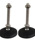 Skip The Wobble With These Universal Adjustable Leveling Feet Four Pack Featuring Tilt Base and Smooth Ride Nylon Tops for Cabinets Tables and Home Appliances Fixes Crooked Floors Instantly Solid Carbon Steel Core. Close-up view of two adjustable leveling feet with carbon steel and nylon material.