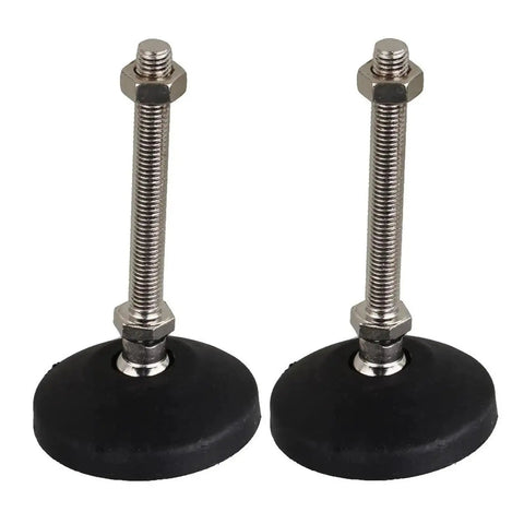 Skip The Wobble With These Universal Adjustable Leveling Feet Four Pack Featuring Tilt Base and Smooth Ride Nylon Tops for Cabinets Tables and Home Appliances Fixes Crooked Floors Instantly Solid Carbon Steel Core. Close-up view of two adjustable leveling feet with carbon steel and nylon material.