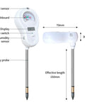 Diagram of 6 In 1 Soil Tester Kit With PH Moisture Light Temperature Humidity And Fertility Readouts showing sensors and measurements.