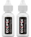 Front view of two white plastic Eclipse Optic Cleaning Fluid bottles with dropper caps, 0.5 oz each (2-pack) for cameras and optics.