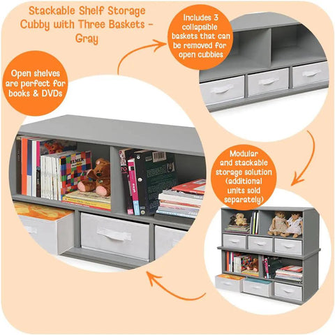 Five-Shelf Stackable Toy Storage Organizer With Three Removable Fabric Bins, Solid Panel Construction, gray unit with shelves.