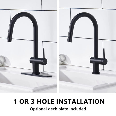 Matte Black Kitchen Faucet With Pull Down Sprayer, Modern Stainless Steel One-Handle Sink Faucet, Single Hole Mount With 10 Inch Deck Plate