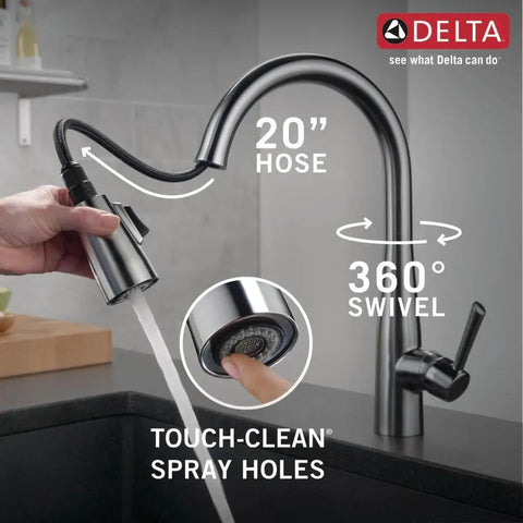 Essa Brushed Nickel Kitchen Faucet With Pull-Down Sprayer showcasing 20-inch hose and 360-degree swivel, Arctic Stainless Finish.