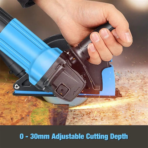 Rugged Universal Angle Grinder Dust Collection Shroud For 4 To 5 Inch Grinders Featuring Quick Swap Buckle And 360 Degree Swivel Hose Adapter For Dirt Free Concrete Masonry Wall Cutting, shown with adjustable cutting depth.