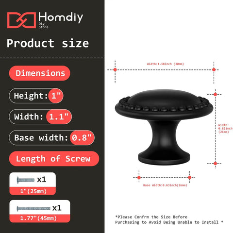 Dimensions of Matte Black Cabinet Knobs 20 Pack Dope Zinc Alloy Hardware For Cabinets, Drawers, Dressers And Cupboards