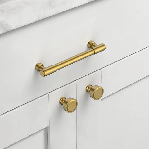 Gonna Love These Heavy Duty Brushed Brass Modern Cabinet Pulls Smooth Kitchen Upgrade For Pantries And Islands Five Inch solid bar pull with rounded knobs.