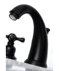 Close-up of Victorian Widespread Bathroom Faucet In Matte Black, Solid Brass Construction, Deck Mount, 1.2 GPM Flow, Duraseal Cartridge