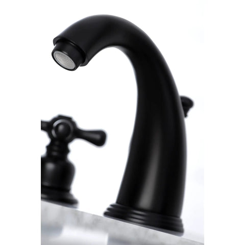 Close-up of Victorian Widespread Bathroom Faucet In Matte Black, Solid Brass Construction, Deck Mount, 1.2 GPM Flow, Duraseal Cartridge