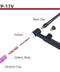 Tig Welding Gun Wp-17V Argon Torch with 13ft Air Hose components, including back cap, collect, collect body, and ceramic cup