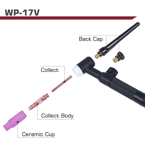 Tig Welding Gun Wp-17V Argon Torch with 13ft Air Hose components, including back cap, collect, collect body, and ceramic cup
