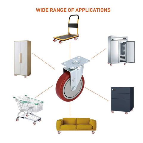 Heavy Duty 5 Inch Swivel Caster Wheels Set Of 4 No Noise 360 Degree Plate Caster With High Load Capacity 1500 Lbs Total Quiet Rolling Durable PVC Wheels With Ball Bearings Dust Covers Without Brake shown in various applications like carts and furniture.