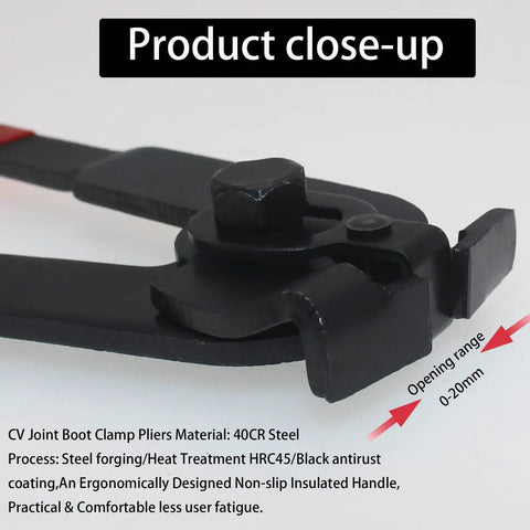 22 Piece CV Boot Clamp Pliers Kit Universal Fit For Cars UTVs And ATVs close-up of joint clamp tool in black metal.
