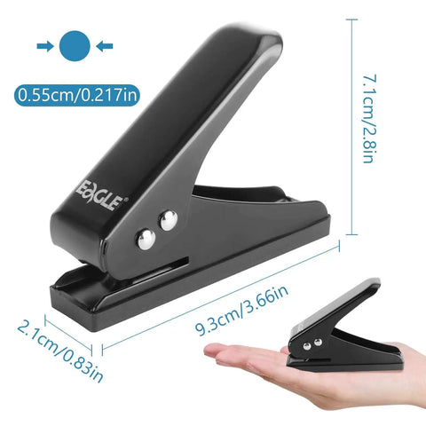 Low Force One Hole Paper Punch, 12 Sheets Capacity, One Quarter Inch Hole Size, compact black office punch with anti-skid base on hand