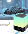 5 In 1 Night Light Bluetooth Speaker MP3 Player Digital Alarm Clock With Touch Control And Color Dimmable LEDs on bedroom cabinet