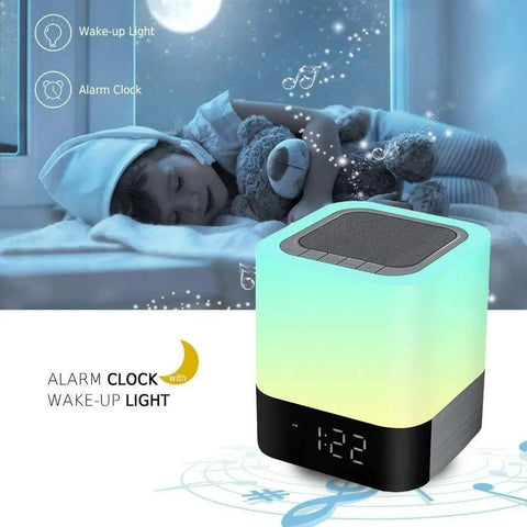 5 In 1 Night Light Bluetooth Speaker MP3 Player Digital Alarm Clock With Touch Control And Color Dimmable LEDs on bedroom cabinet