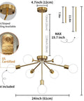Gold Sputnik 7-Light Modern Pendant Chandelier with Deformable Arms, Adjustable Height details and measurements outlined