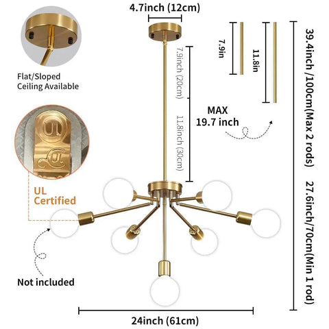 Gold Sputnik 7-Light Modern Pendant Chandelier with Deformable Arms, Adjustable Height details and measurements outlined