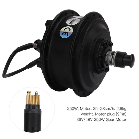 Street-Ready Powerhouse 36V 250W Waterproof Front Wheel Hub Motor Kit with connection plug, black gear motor for e-bikes.