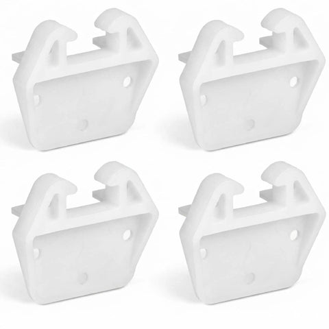 4-Pack Rear Drawer Slide Guides 1/4 Inch Rail T-Shape Center Mount Wood Track Drop-In Replacement Plastic Backplate in white.