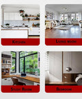Four interior images showcasing kitchen, living room, study room and bedroom designs featuring modern furnishings and layouts.