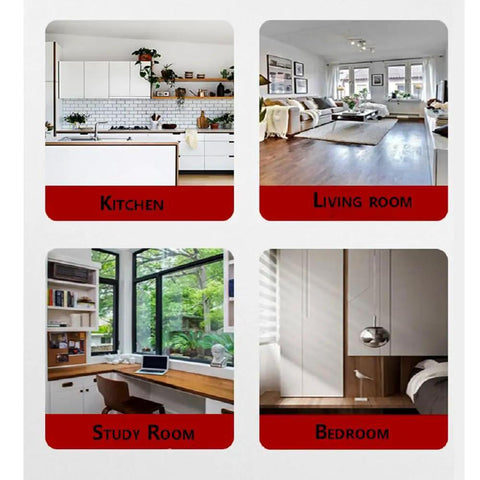 Four interior images showcasing kitchen, living room, study room and bedroom designs featuring modern furnishings and layouts.