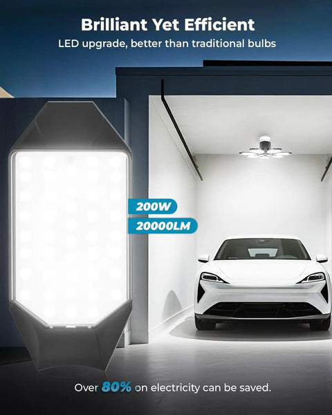 2 Pack LED Garage Lights 20000LM 6500K Beast Bright Shop Lighting illuminating a garage with a white car inside