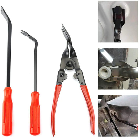 41 Piece Auto Trim Removal Tool Kit For Car Interior Panels Dash Doors Window Moldings With Durable Nylon And Stainless Steel Tools DIY Friendly Fasteners Pliers Clips Emblems Upholstery Repair Kit Included In Zipper Bag.