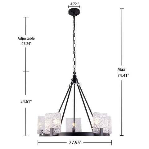 5 Light Black Farmhouse Chandelier for Dining Room and Foyer, Go-To Rustic Round Wagon Wheel Pendant Light With Glass Shades, side view