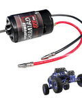 Brushed RC Motor Upgrade for Traxxas 550 Size Runners Fits Titan Stampede Rustler Slash 2WD and More High Copper Windings Strong Magnets Fast Cooling Fans Delivers More Torque and RPM at 6V to 8.4V next to blue RC truck model