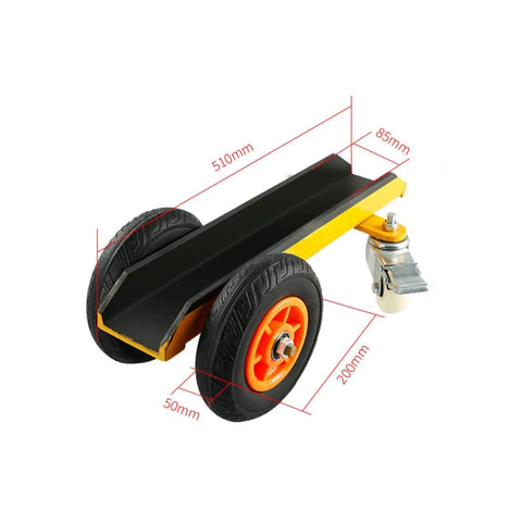 Rock Solid Heavy Duty Slab Mover Cart And Panel Transport Trolley With Channel Steel Chassis and durable rubber wheels close-up view with dimensions.