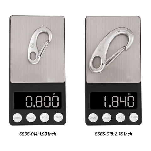 1.93 Inch Flag Clips For Rope And Marine Grade Stainless Steel Carabiners on scale showing weight comparison with larger clip