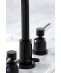 Close-up of Concord Widespread Bathroom Faucet With Pop Up Drain In Matte Black Eight To Sixteen Inch Deck Mount Three Hole