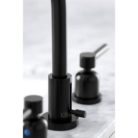 Close-up of Concord Widespread Bathroom Faucet With Pop Up Drain In Matte Black Eight To Sixteen Inch Deck Mount Three Hole