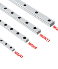 Smooth Moving MGN12H Linear Guide Rail Slide For CNC Router And 3D Printer Kits with MGN series rails showing size differences.