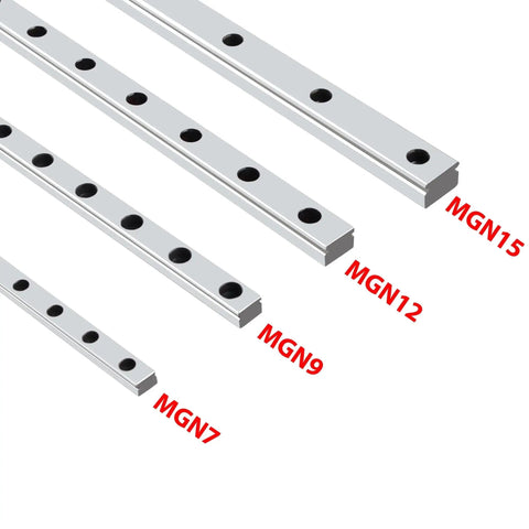 Smooth Moving MGN12H Linear Guide Rail Slide For CNC Router And 3D Printer Kits with MGN series rails showing size differences.