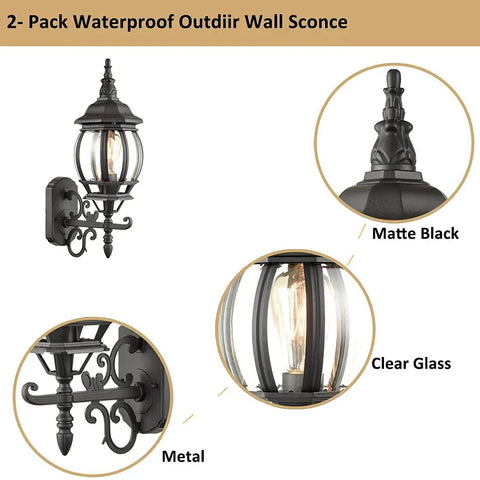 Two Pack Outdoor Wall Lanterns Waterproof Exterior Sconce Lights in Matte Black with Clear Glass Shade