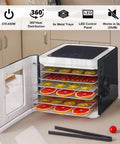 Premium Stainless Steel Food Dehydrator With Led Digital Touch Screen And Adjustable Timer drying colorful sliced fruits on metal trays.